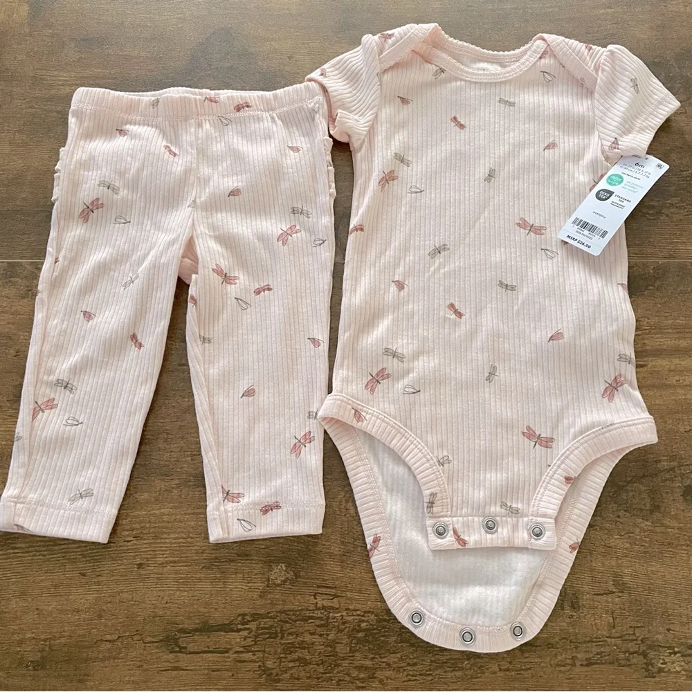 NWT Carter's Light Pink 2 Pieces 6 M Baby Outfit Butterfly / Dragonfly Accents